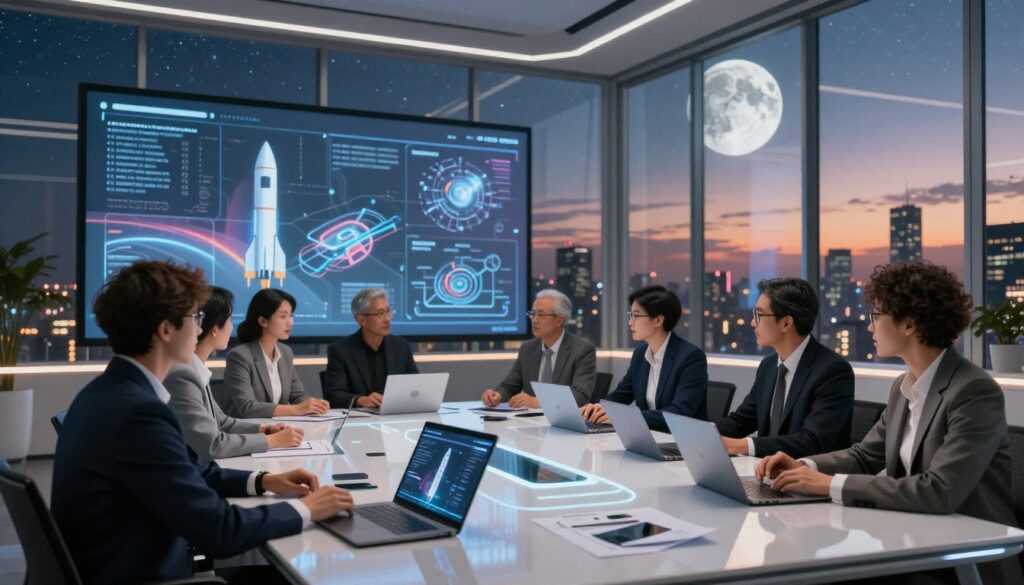A futuristic workspace reflecting "moonshot thinking" with an emphasis on stretch goals. In the foreground, a diverse group of business professionals in sleek, modern attire is engaged in a brainstorming session around a glossy, high-tech table filled with prototypes and digital devices. The middle ground features a large digital display showcasing ambitious project visions, including abstract images of rockets and innovative technologies. In the background, floor-to-ceiling windows reveal a breathtaking city skyline under a twilight sky, filled with stars and a prominent, large moon symbolizing aspiration. Soft, warm lighting creates an inspiring atmosphere, evoking creativity and ambition, while ensuring a professional ambiance. The composition should focus on the idea of collaboration and visionary thinking. Include the brand name "artusbr.com" subtly integrated into the design.