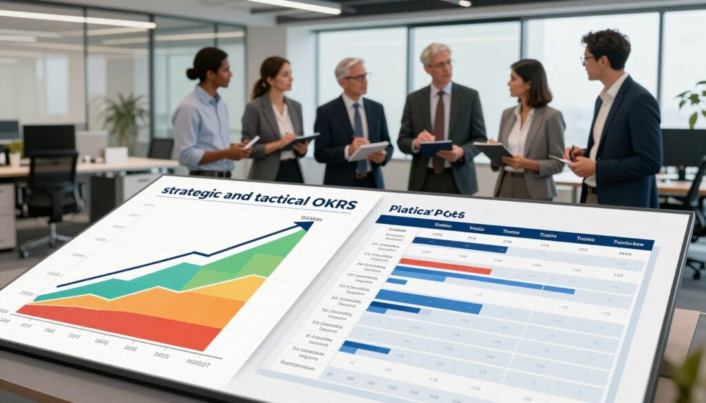 A visually engaging representation of "strategic and tactical OKRs" in a professional office setting. In the foreground, there are two large, contrasting charts: one depicting strategic OKRs with a clear upward trend in vibrant colors, symbolizing growth and vision, while the tactical OKRs are illustrated with precise metrics and timelines in cooler tones, representing focus and execution. In the middle ground, a diverse group of business professionals in business attire are collaboratively discussing the charts, gesturing and taking notes. The background features a modern office environment with sleek furniture and large windows allowing natural light to create an inspiring atmosphere. Soft lighting enhances clarity, captured from a slight angle to provide depth, embodying a mood of determination and teamwork. artusbr.com